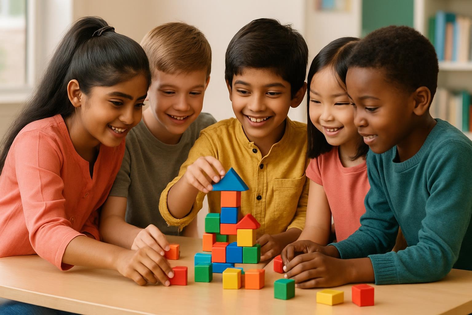 Diverse children building with colorful blocks together